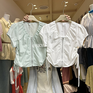 SKY法式V领抽绳小衫女夏季韩版时尚设计感别致独特短款衬衫上衣