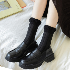 黑色小皮鞋袜子搭配乐福鞋中筒袜女款春秋花边jk风英伦风秋冬女士