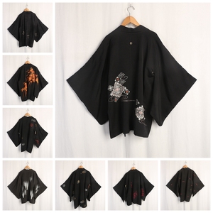 vintage复古古着孤品日本手工制日系印花和风织锦和服羽织黑色11