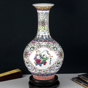 景德镇陶瓷器珐琅彩花瓶摆件童子图赏瓶客厅电视柜时尚装饰工艺品