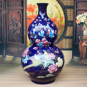 景德镇陶瓷器大号落地花瓶摆件宝蓝玄关中式葫芦家居装饰瓷瓶客厅