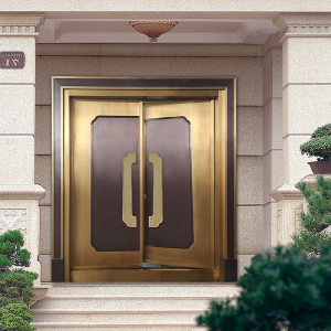 铜门定制做不锈钢防盗进户别墅大门对开仿真铜仿实木中式锌合金门