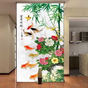 自粘贴纸山水九鱼图装饰画客厅餐厅无框贴画竖版走廊过道壁画玄关