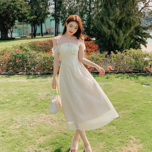 茶歇裙月光百合仙气复古法式生日约会少女提花吊带裙白裙子连衣裙