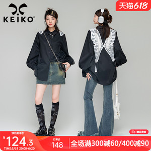 KEIKO 刺绣蝴蝶花黑色长袖衬衫女2024春夏设计感小众韩版宽松上衣