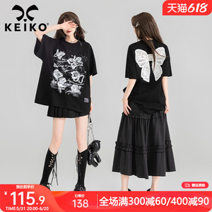 KEIKO 镂空蕾丝蝴蝶结饰短袖t恤女2024夏季酷感印花宽松黑色上衣