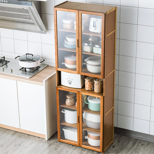 厨房用品收纳柜子落地多层置物架带门厨具餐具储物柜窄书架木质竹