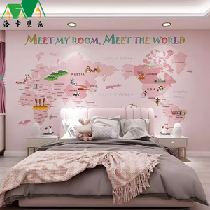 欧式壁纸粉色公主房壁布卡通中国世界地图墙纸卧室床头背景墙布