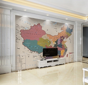 欧式复古中国地图电视背景墙纸客厅卧室壁画无缝装饰壁纸8D墙布