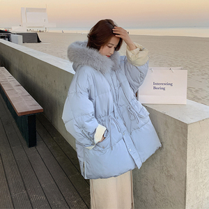 淡蓝色软糯蓬松连帽羽绒棉服女冬季2022新款抽绳收腰显瘦棉衣棉袄
