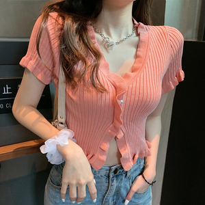 性感低胸深v领短袖心机上衣夏季衣服女主播直播修身短款针织开衫