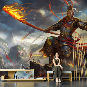 katiya中式手绘猴王艺术齐天大圣壁纸客厅电视背景墙无缝壁画墙布