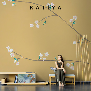 Katiya中式简约花朵黄色墙纸卧室沙发电视背景墙壁纸别墅复式楼布