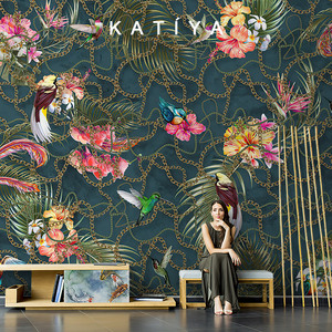 Katiya美式手绘花鸟墙布网红花群客厅电视背景墙壁画无缝沙发壁纸