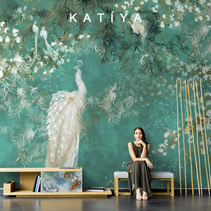 Katiya新中式孔雀蓝蚕丝墙布植物客厅电视背景墙壁纸无缝沙发壁画