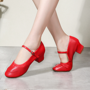 广场舞鞋女2020夏季新款真皮软底成人舞蹈鞋女透气红色现代跳舞鞋