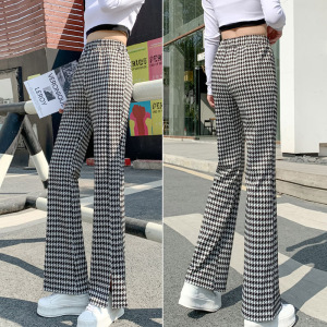 千鸟格裤子高街ins潮春秋直筒长裤高腰显瘦小个子修身拖地喇叭裤