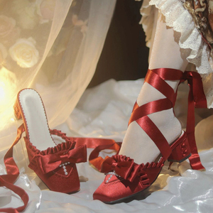 法式两穿半包头凉拖鞋仙女红色婚鞋优雅lolita鞋芭蕾风绑带高跟鞋