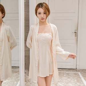 甜美性感诱惑情趣睡衣春秋夏季蕾丝抹胸吊带真丝绸睡裙睡袍两件套