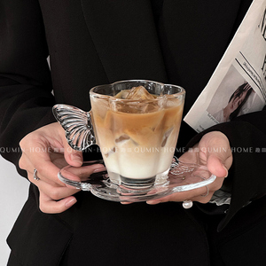 趣皿 小众创意设计玻璃咖啡杯碟家用蝴蝶带把手水杯奶昔果汁杯子