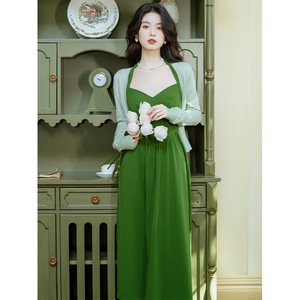 法式绿色挂脖连衣裙套装女2024年春季新款气质女装裙子质感高级感
