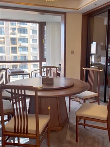 新中式乌金木实木餐桌高端餐厅现代轻奢胡桃木圆桌带转盘餐椅组合