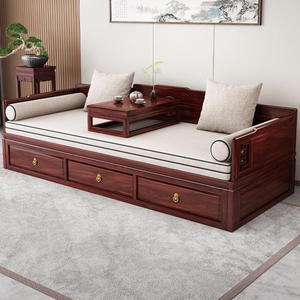 新中式仿古全实木罗汉床推拉南美胡桃木伸缩抽拉床带抽屉沙发床榻