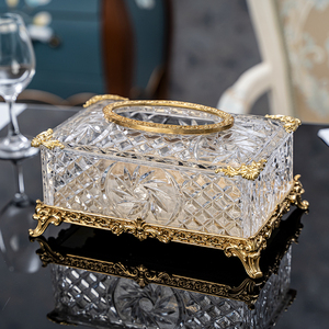 欧式透明水晶玻璃配铜纸巾盒奢华高档客厅餐厅创意家用抽纸盒摆件