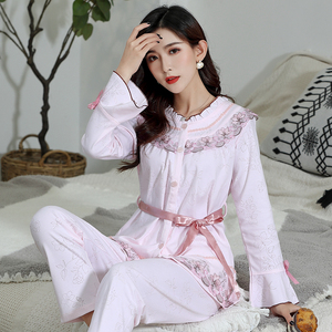 唯品会高档艾莱美睡衣女士春秋季纯棉长袖薄款甜美风经典开衫全棉