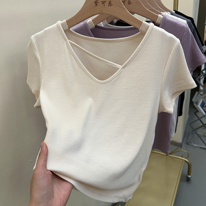 弹力螺纹夏季新款V领短袖T恤女小心机设计纯色百搭显瘦上衣打底衫