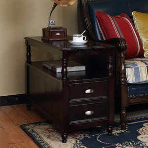 美式沙发边柜黑胡桃侧边柜实木复古角几客厅小茶桌现代床头柜带抽