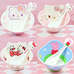 凯蒂猫粉色饭碗卡通儿童女孩碗勺套装家用可爱小黄鸭少女心KT餐具