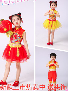 新款儿童喜庆开门红秧歌服幼儿说唱中国红打鼓服太平鼓舞蹈演出服
