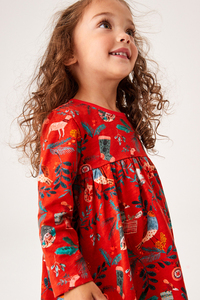 现货英国订购NEXT童装2023秋冬女童平织红色卡通长袖连衣裙洋装