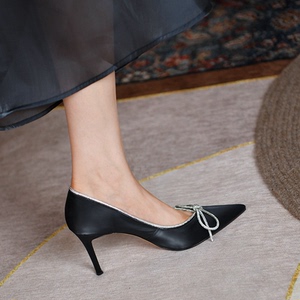 水钻蝴蝶结超高跟鞋女高光丝绸牛皮尖头优雅细跟单鞋8cm名媛女鞋