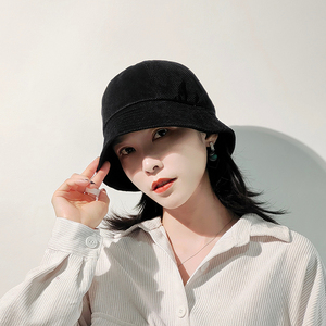 黑色灯芯绒帽子女春秋水桶渔夫帽女秋小脸适合的帽子冬季休闲百搭