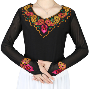 新疆维吾尔族舞蹈服上衣女广场舞演出服修身打底衫民族风舞台表演