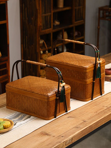 手工竹编提篮手提复古篮子竹双层食盒月饼礼盒便携茶道茶具收纳盒