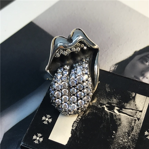 克罗心老哥ch欧美朋克经典镶钻滚石大舌头戒指男女款925银