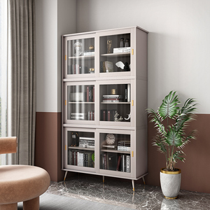 轻奢推拉门书柜带玻璃门客厅展示柜收纳一体靠墙落地移门书橱书架