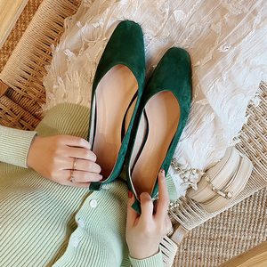 sukii~法式复古墨绿色芭蕾鞋单鞋女方头绒面磨砂皮平底鞋奶奶鞋女