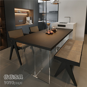 亚克力悬浮餐桌椅组合北欧实木大板桌家用客厅长方形透明吃饭桌子