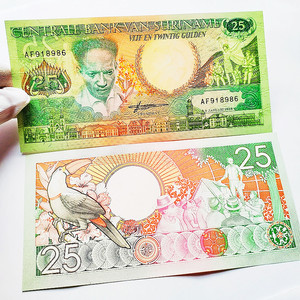 外国钱币全新UNC苏里南25盾纸币1988年版美洲纸钞巨嘴鸟真钞外币
