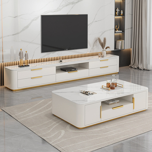 白色烤漆岩板茶几现代创意客厅实木精致茶几电视机柜组合轻奢地柜
