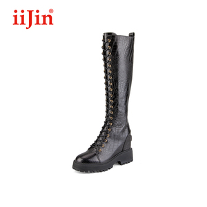 iiJin/艾今经典时尚鳄纹牛皮11cm厚底内增高长筒骑士靴