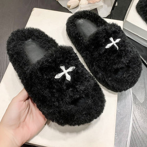 韩国毛毛拖鞋女鞋外穿2022年新款ins潮鞋秋冬十字花黑色棉拖鞋子