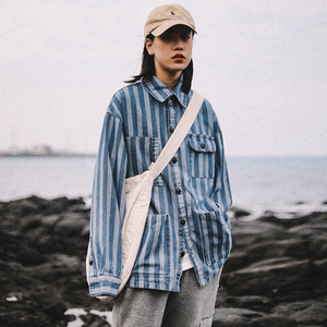 春季阿美咔叽复古条纹牛仔外套女潮牌情侣ins风宽松古着工装夹克