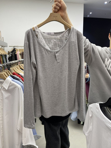 韩国东大门2024春季新款设计感纯色v领蕾丝长袖T恤打底衫两件套女