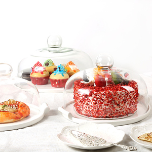 北欧蛋糕玻璃防尘罩陶瓷甜品台托盘水果家用客厅欧式西点干果摆件