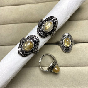 天然钛晶戒指女可调节金发晶复古白铜托活口镶嵌指环时尚水晶饰品